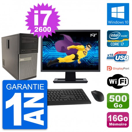 PC Tour Dell 790 MT Ecran 19" Core i7-2600 RAM 16Go Disque 500Go Windows 10 Wifi