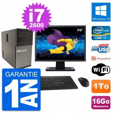 PC Tour Dell 790 MT Ecran 19" Intel i7-2600 RAM 16Go Disque 1To Windows 10 Wifi