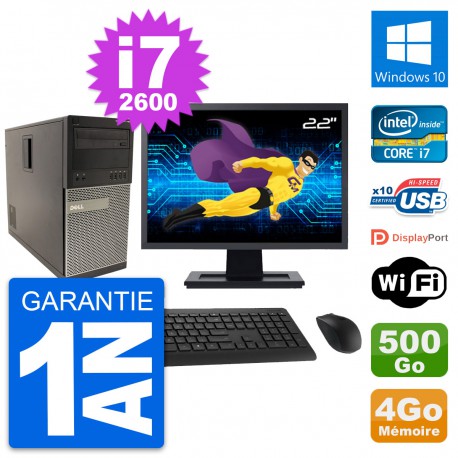 PC Tour Dell 790 MT Ecran 22" Intel i7-2600 RAM 4Go Disque 500Go Windows 10 Wifi