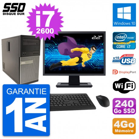 PC Tour Dell 790 MT Ecran 22" Intel i7-2600 RAM 4Go SSD 240Go Windows 10 Wifi