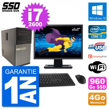 PC Tour Dell 790 MT Ecran 22" Intel i7-2600 RAM 4Go SSD 960Go Windows 10 Wifi