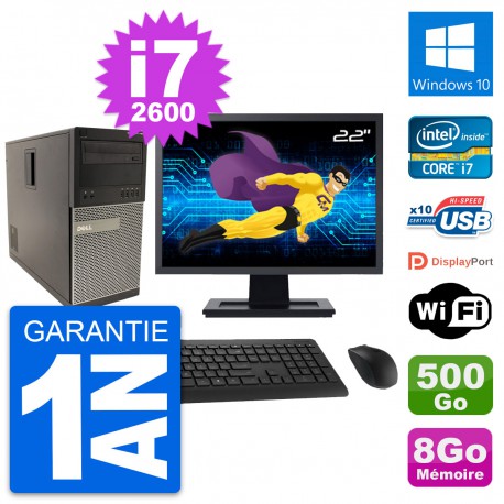 PC Tour Dell 790 MT Ecran 22" Intel i7-2600 RAM 8Go Disque 500Go Windows 10 Wifi