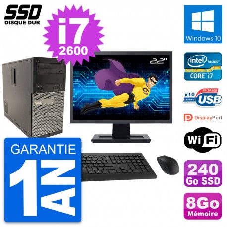 PC Tour Dell 790 MT Ecran 22" Intel i7-2600 RAM 8Go SSD 240Go Windows 10 Wifi