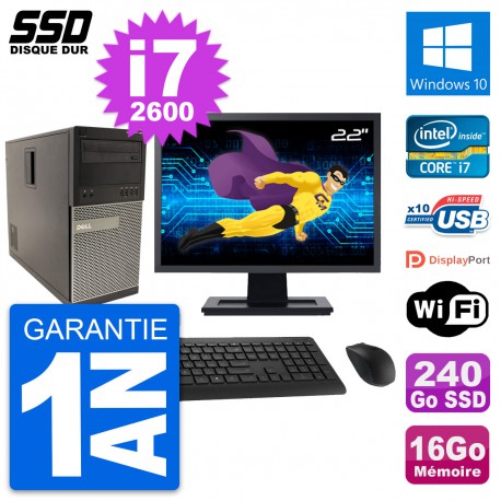 PC Tour Dell 790 MT Ecran 22" Intel i7-2600 RAM 16Go SSD 240Go Windows 10 Wifi