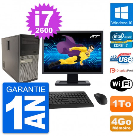 PC Tour Dell 790 MT Ecran 27" Intel i7-2600 RAM 4Go Disque 1To Windows 10 Wifi