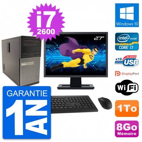 PC Tour Dell 790 MT Ecran 27" Intel i7-2600 RAM 8Go Disque 1To Windows 10 Wifi