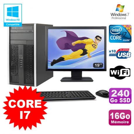 Lot PC Tour HP Elite 8200 Core I7 3,4Ghz 16Go 240Go SSD Graveur WIFI W7 + Ecran 19