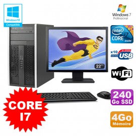 Lot PC Tour HP Elite 8200 Core I7 3,4Ghz 4Go 240Go SSD Graveur WIFI W7 + Ecran 22
