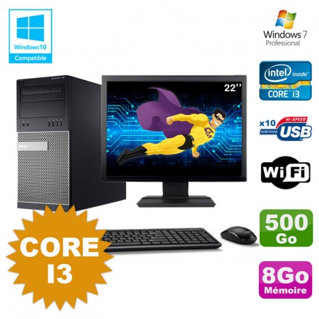 Lot PC Tour Dell 790 Intel Core I3 3.1Ghz 8Go 500Go DVD WIFI Win 7 + Ecran 22"